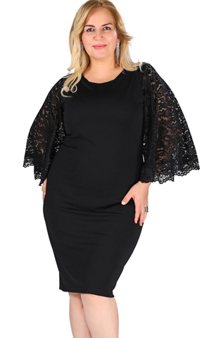 BY610518-2 BLACK LACE FLUTTER SLEEVE PLUS SIZE BODYCON DRESS